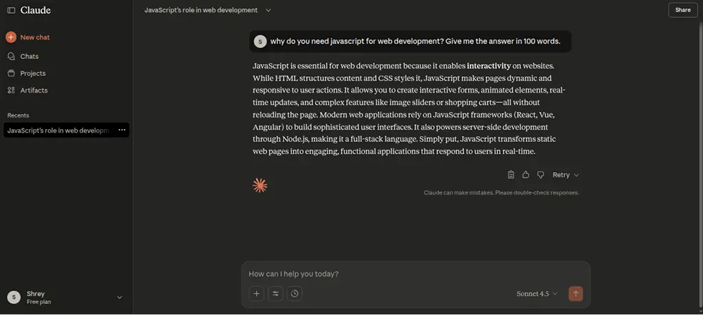 Conversation with Claude AI displaying prompts and replies