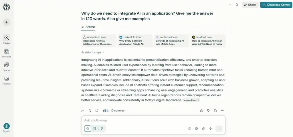 Screenshot showing Perplexity’s chat prompts and responses